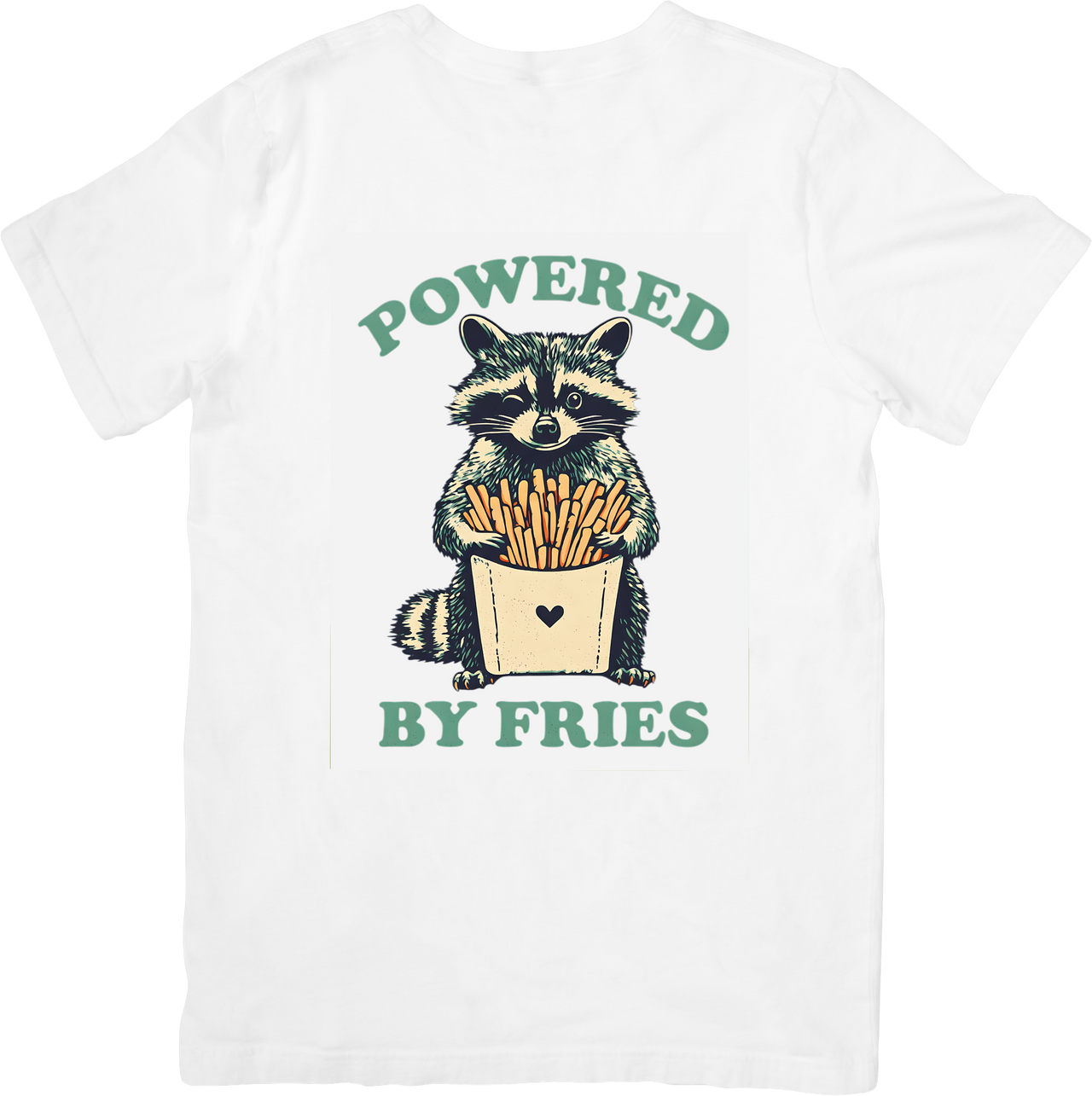 Powered By Fries Raccoon T-Shirt | Funny Vintage Foodie Animal Graphic Tee | French Fry Lover Gift