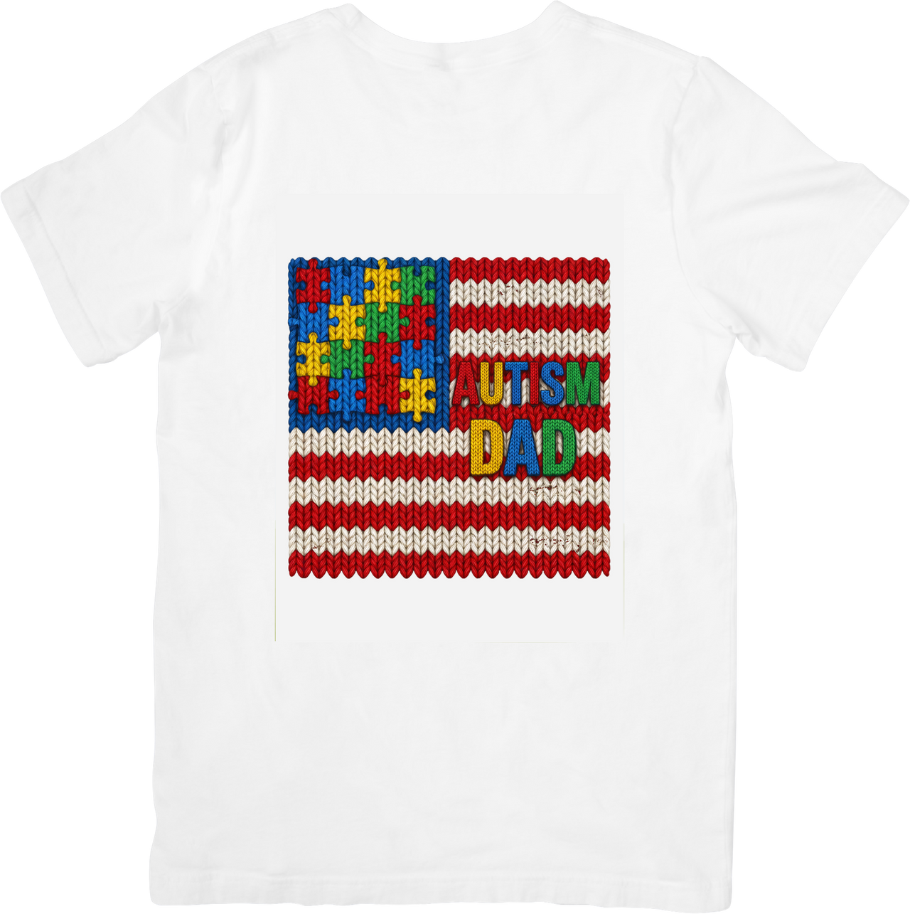 Autism Dad American Flag Colorful Puzzle Knit T-Shirt | Patriotic Awareness Graphic Tee | Autism Dad Gift