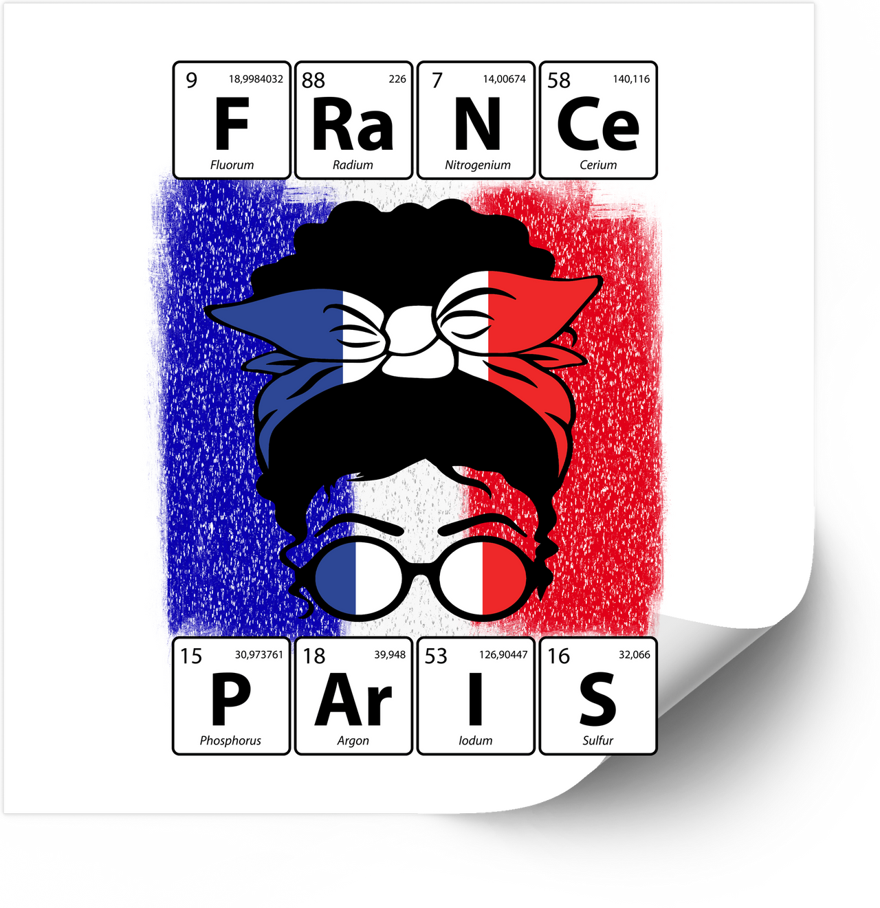 France Paris Periodic Table Messy Bun Woman Sticker | Bold Patriotic French Flag Typography Vinyl Decal